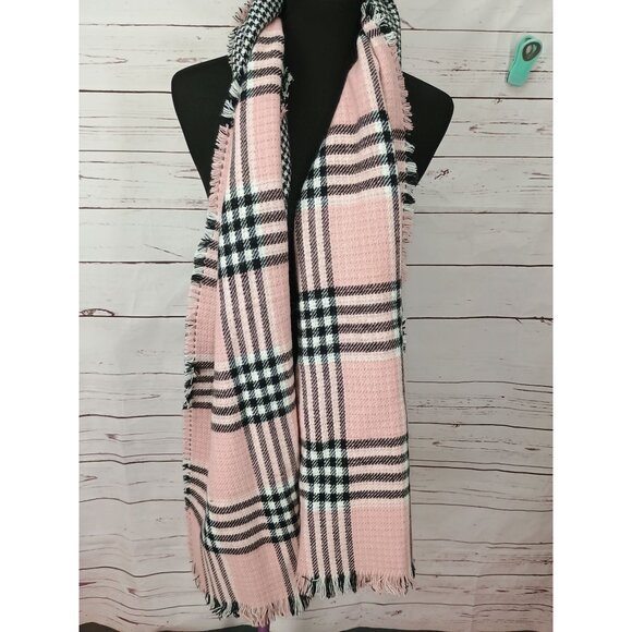Reversible Plaid‎ Houndstooth Acrylic Wrap Shawl With Frayed Edges Tahari One Sz - Picture 7 of 7